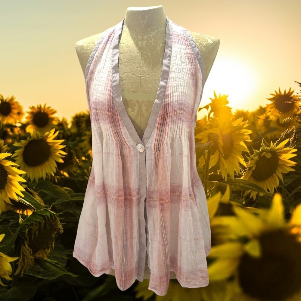 Elizabeth & James Boho Western Sheer Plaid Mother Of Pearl‎ One Button Vest S